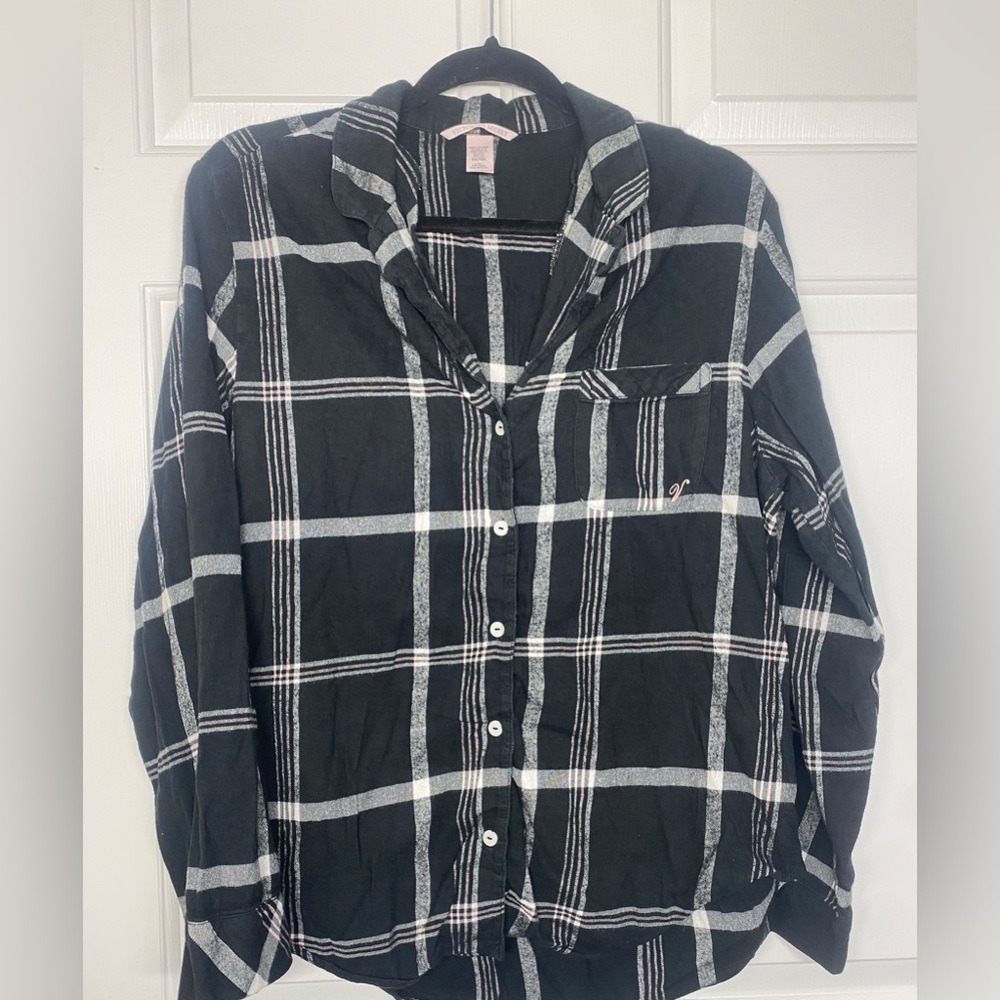 Victoria Secret Shirt Womens Long Sleeve Button Up Black Plaid Large